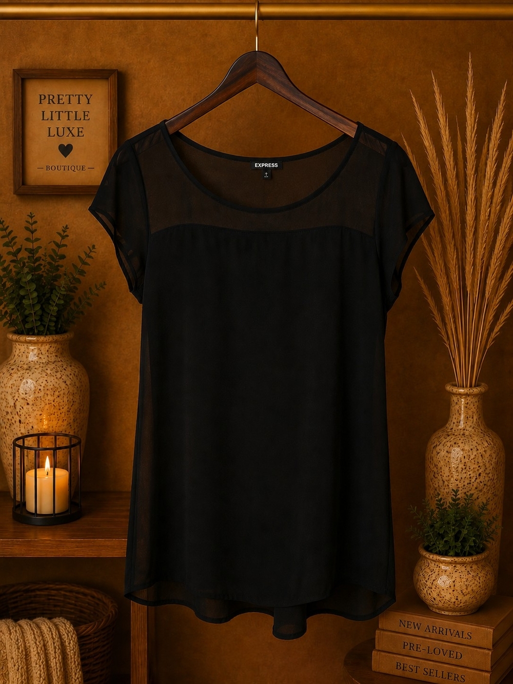Express Black Mixed Media Sheer Panel Scoop Neck Top S